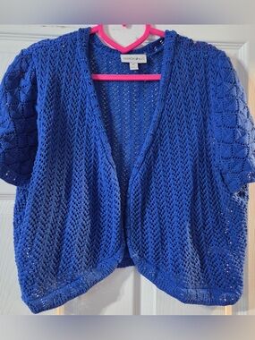 Fashion Bug Royal Blue Crochet Short Sleeve Open-Front Shrug/Cropped Cardigan XL